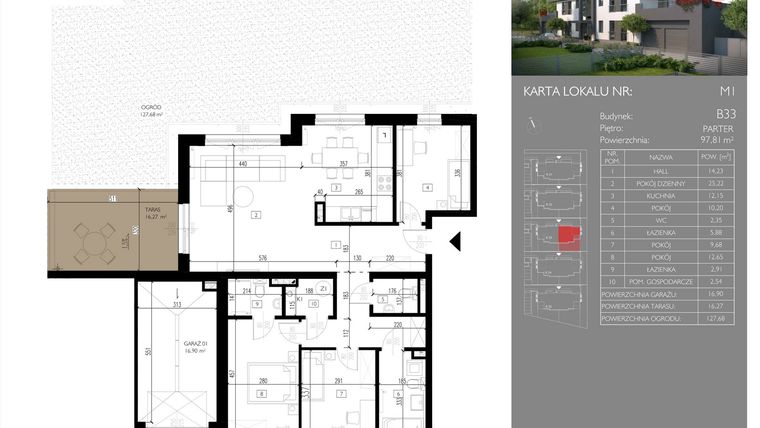 Rzut - Mieszkanie na sprzedaż 4 pokoje o powierzchni 97,81 m² - numer B33.M1 w Leśna Polana