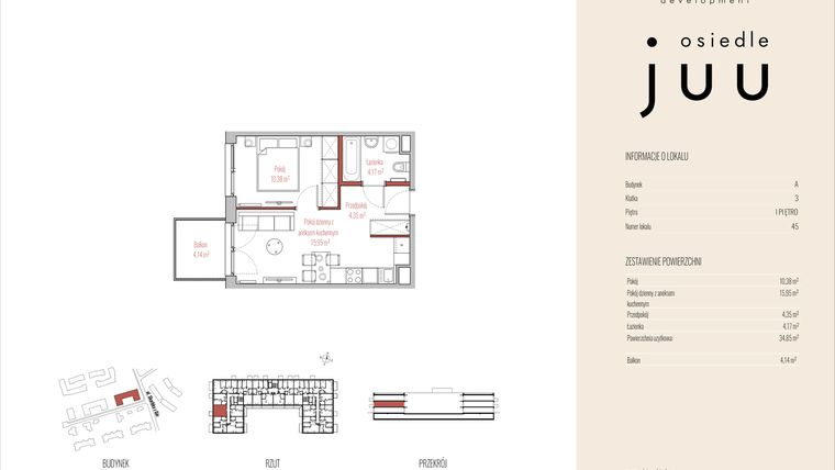 Rzut - Mieszkanie na sprzedaż 2 pokoje o powierzchni 34,85 m² - numer A.M045 w Osiedle Juu