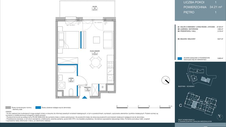 Rzut - Mieszkanie na sprzedaż 1 pokój o powierzchni 34,21 m² - numer C.1.2.3 w Meri Apartamenty