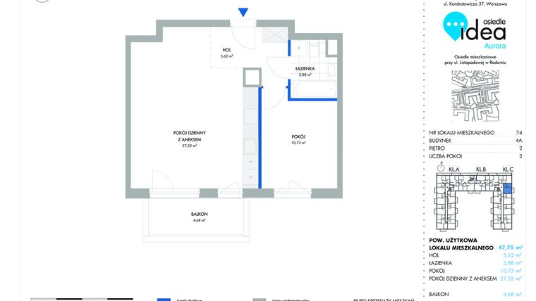 Rzut - Mieszkanie na sprzedaż 2 pokoje o powierzchni 47,57 m² - numer 74.4A w Osiedle Idea Aurora