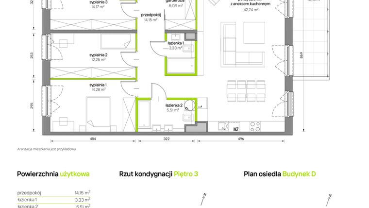 Rzut - Mieszkanie na sprzedaż 4 pokoje o powierzchni 111,52 m² - numer D/34 w Grzegórzecka 77