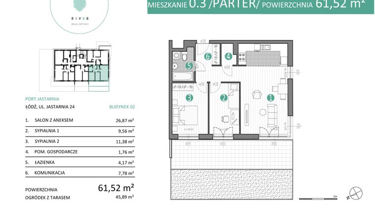 Rzut - Mieszkanie na sprzedaż 3 pokoje o powierzchni 61,52 m² - numer 02.0.3 w Port Jastarnia bud. 02, 03