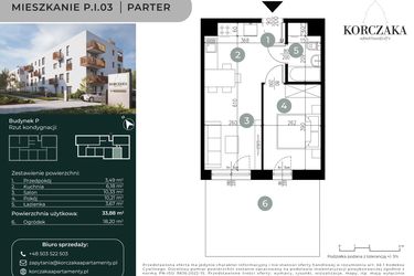 Rzut - Mieszkanie na sprzedaż 2 pokoje o powierzchni 33,88 m² - numer P.I.03 w Korczaka Apartamenty