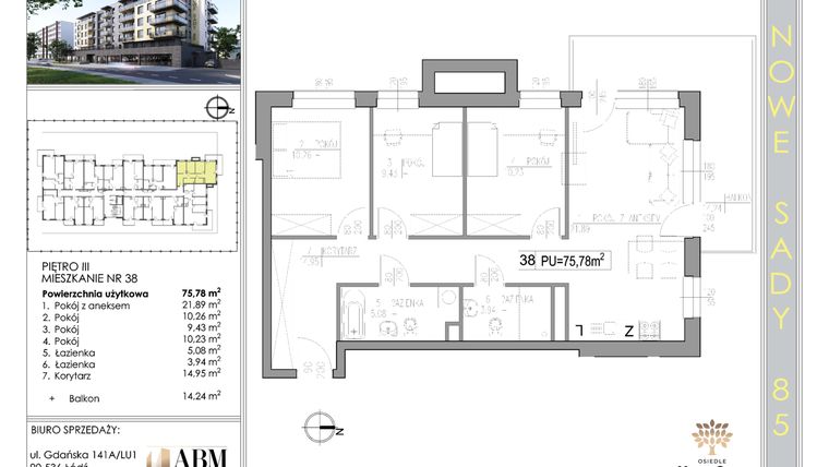 Rzut - Mieszkanie na sprzedaż 4 pokoje o powierzchni 75,96 m² - numer 38 w Nowe Sady 85