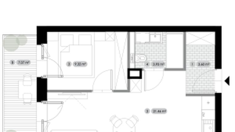 Rzut - Mieszkanie na sprzedaż 2 pokoje o powierzchni 38,31 m² - numer 1.M7 w Stalowa 76