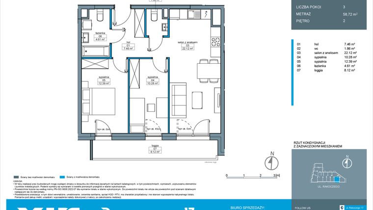 Rzut - Mieszkanie na sprzedaż 3 pokoje o powierzchni 58,72 m² - numer A.2.5 w Rakoczego 17