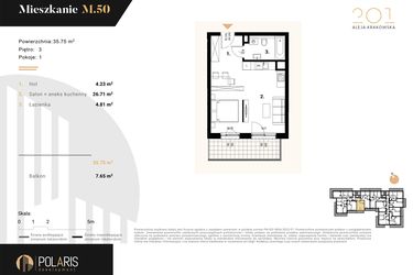 Rzut - Mieszkanie na sprzedaż 1 pokój o powierzchni 35,75 m² - numer M50 w Aleja Krakowska 201