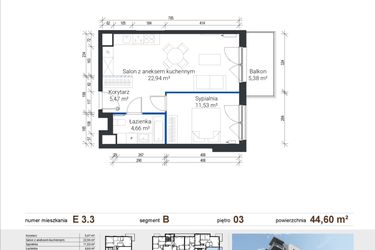 Rzut - Mieszkanie na sprzedaż 2 pokoje o powierzchni 44,6 m² - numer E 3.3 w Nowe Zabłocie