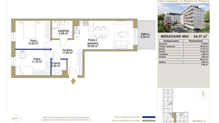 Rzut - Mieszkanie na sprzedaż 3 pokoje o powierzchni 64,37 m² - numer 54 w Barbary 19