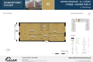 Rzut - Mieszkanie na sprzedaż 3 pokoje o powierzchni 75,99 m² - numer M03 w Diamentowe Tarasy