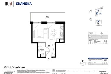 Rzut - Mieszkanie na sprzedaż 1 pokój o powierzchni 28,09 m² - numer AA0104 w NU3 Warszawa Wola