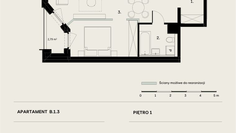 Rzut - Mieszkanie na sprzedaż 2 pokoje o powierzchni 44,58 m² - numer B/1/3 w Ogrodowa 12