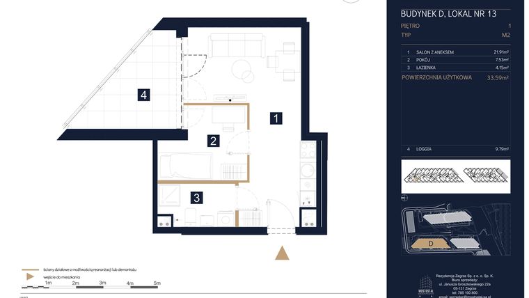 Rzut - Mieszkanie na sprzedaż 1 pokój o powierzchni 33,59 m² - numer D13 w Rezydencja Zegrze etap III