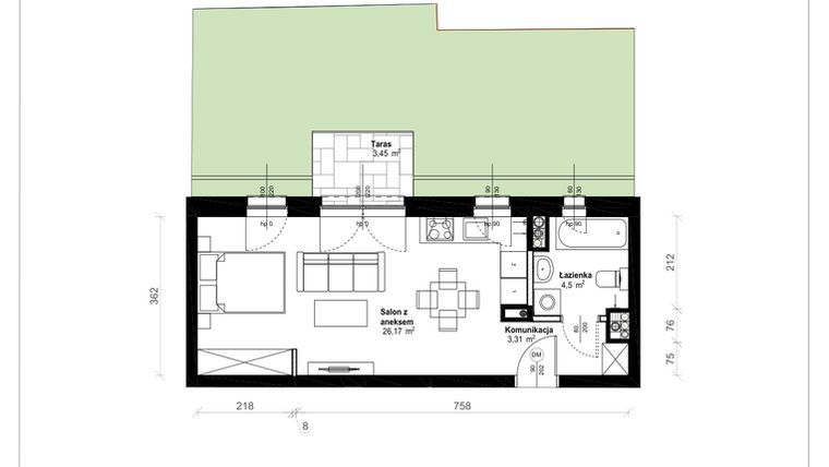 Rzut - Mieszkanie na sprzedaż 1 pokój o powierzchni 33,98 m² - numer B.0.05.1k w ATRIUM