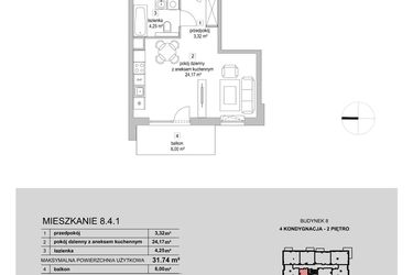 Rzut - Mieszkanie na sprzedaż 1 pokój o powierzchni 31,74 m² - numer 8.4.1 w Osiedle Przyjemne III