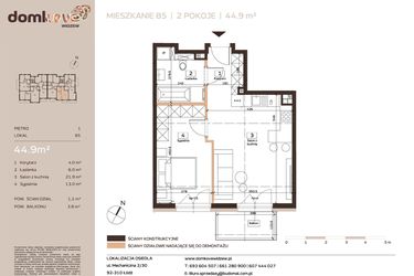 Rzut - Mieszkanie na sprzedaż 2 pokoje o powierzchni 44,9 m² - numer B5 w Domkove Widzew