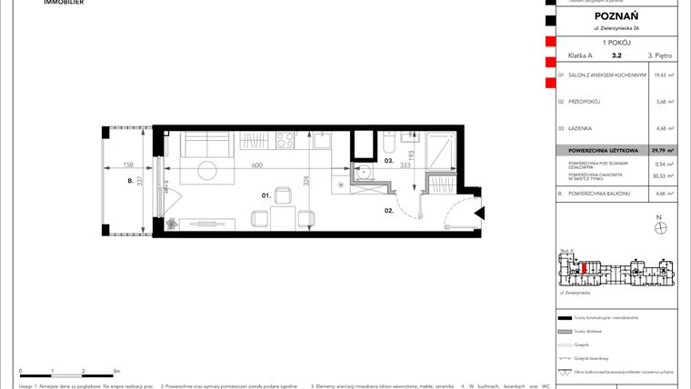 Rzut - Mieszkanie na sprzedaż 1 pokój o powierzchni 29,79 m² - numer A.3.2 w Zajezdnia