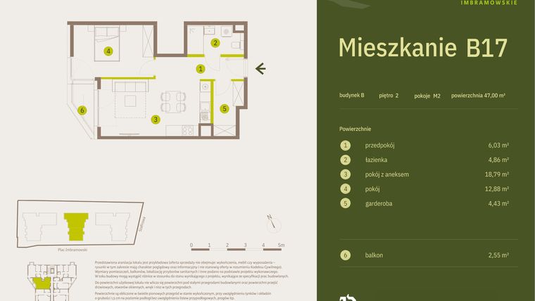 Rzut - Mieszkanie na sprzedaż 2 pokoje o powierzchni 47 m² - numer B17 w Osiedle Imbramowskie