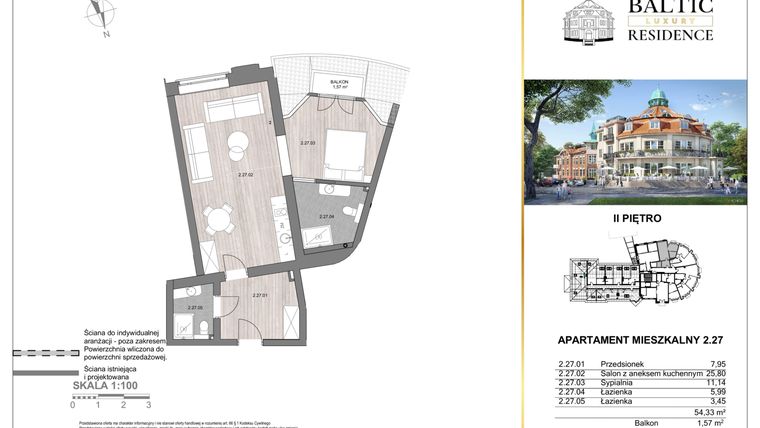 Rzut - Mieszkanie na sprzedaż 2 pokoje o powierzchni 54,33 m² - numer 2.27 w Baltic Luxury Residence