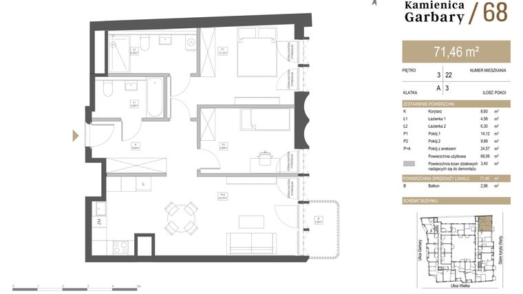 Rzut - Mieszkanie na sprzedaż 3 pokoje o powierzchni 71,46 m² - numer 22 w Garbary 68