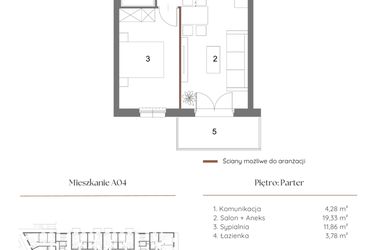 Rzut - Mieszkanie na sprzedaż 2 pokoje o powierzchni 39,96 m² - numer A04 w Dąbrowskiego 9