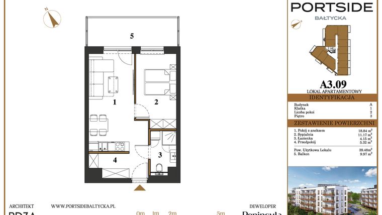 Rzut - Mieszkanie na sprzedaż 2 pokoje o powierzchni 39,48 m² - numer A3.09 w Portside Bałtycka