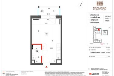 Rzut - Mieszkanie na sprzedaż 1 pokój o powierzchni 26,58 m² - numer 35 w Stalowa Form 43.45