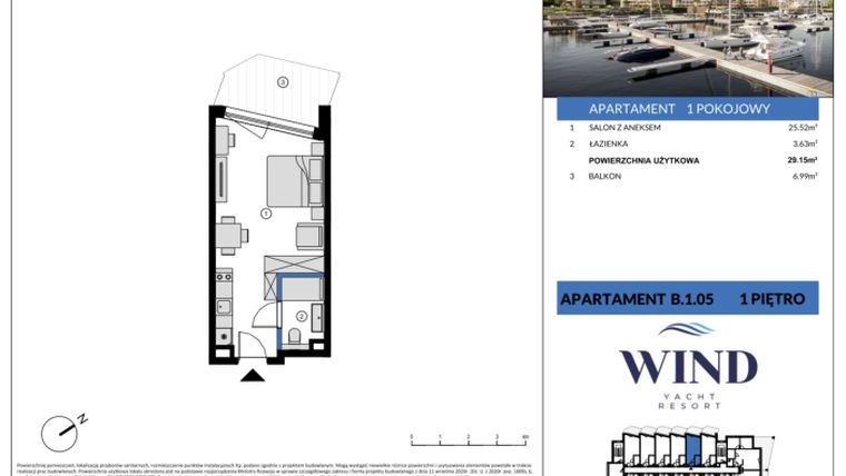 Rzut - Mieszkanie na sprzedaż 1 pokój o powierzchni 29,15 m² - numer B.1.05 w Radisson Marina