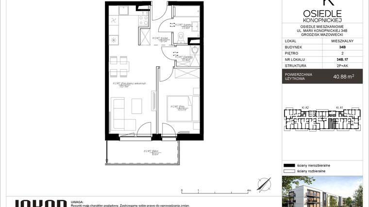 Rzut - Mieszkanie na sprzedaż 2 pokoje o powierzchni 40,88 m² - numer 34B.17 w Osiedle Konopnickiej etap II