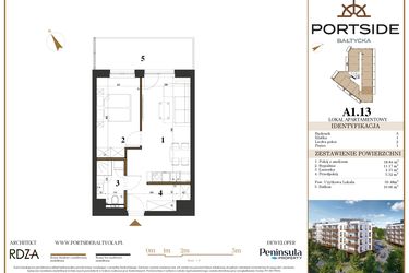 Rzut - Mieszkanie na sprzedaż 2 pokoje o powierzchni 39,48 m² - numer A1.13 w Portside Bałtycka