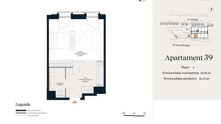 Rzut - Mieszkanie na sprzedaż 1 pokój o powierzchni 36,9 m² - numer U.5.39 w Smolna 23