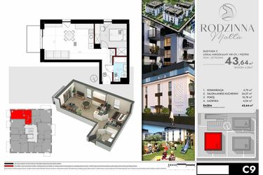 Rzut - Mieszkanie na sprzedaż 2 pokoje o powierzchni 43,64 m² - numer C9 w Rodzinna Malta