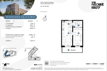 Rzut - Mieszkanie na sprzedaż 2 pokoje o powierzchni 37,5 m² - numer A2.3.2.M10 w Nowe Promenady