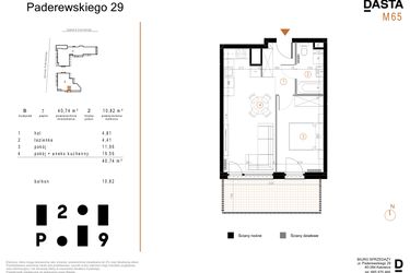 Rzut - Mieszkanie na sprzedaż 2 pokoje o powierzchni 40,74 m² - numer B65 w Paderewskiego 29