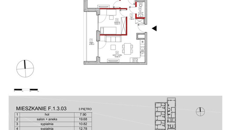 Rzut - Mieszkanie na sprzedaż 3 pokoje o powierzchni 60,77 m² - numer F.1.3.03 w ATAL SKY+ bud. D-F