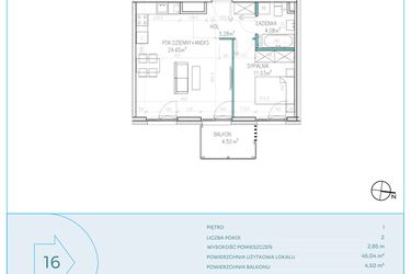 Rzut - Mieszkanie na sprzedaż 2 pokoje o powierzchni 45,04 m² - numer C16 w Dwa Jeziora CD
