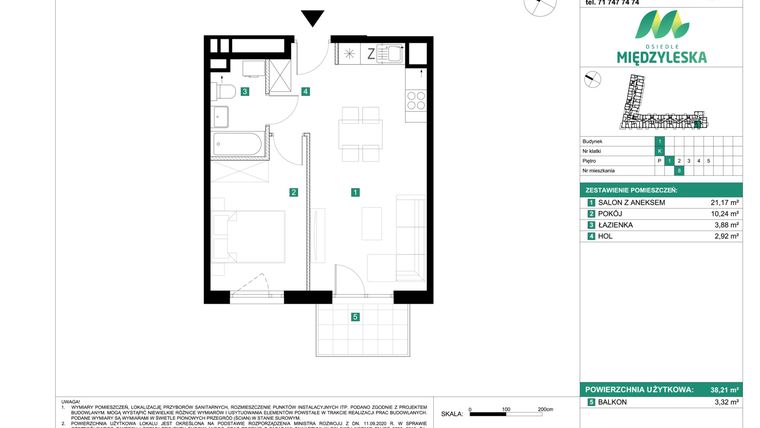 Rzut - Mieszkanie na sprzedaż 2 pokoje o powierzchni 38,21 m² - numer 8 w Osiedle Międzyleska