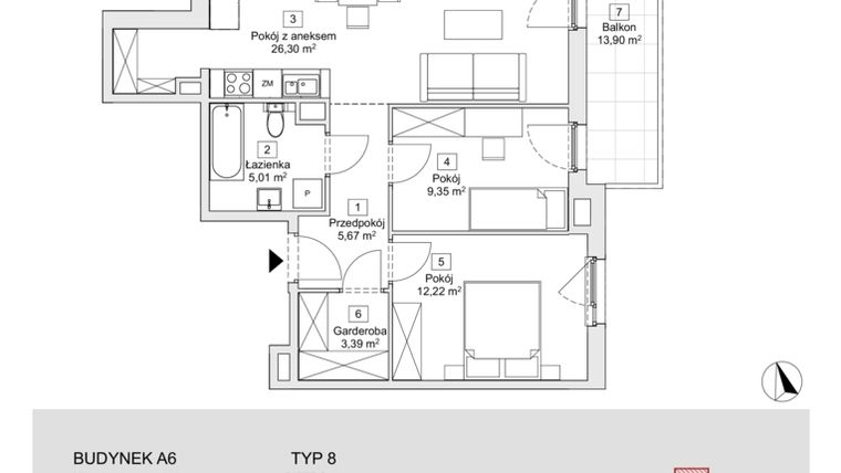 Rzut - Mieszkanie na sprzedaż 3 pokoje o powierzchni 61,94 m² - numer A6.1.1 w Zacisze Marcelin IIIa