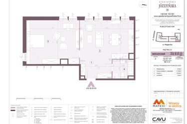 Rzut - Mieszkanie na sprzedaż 2 pokoje o powierzchni 52,67 m² - numer B.03.03 w Apartamenty Józefińska
