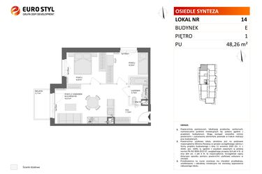 Rzut - Mieszkanie na sprzedaż 3 pokoje o powierzchni 48,26 m² - numer E.14 w Osiedle Synteza etap IV
