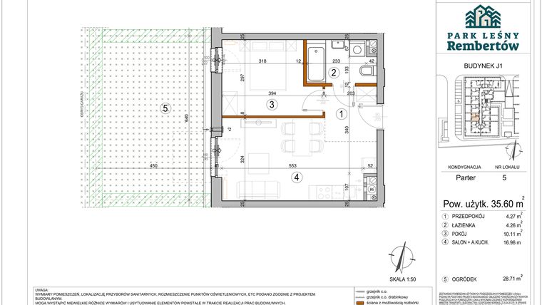 Rzut - Mieszkanie na sprzedaż 2 pokoje o powierzchni 35,6 m² - numer J1-5 w Park Leśny Rembertów etap VIII