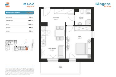 Rzut - Mieszkanie na sprzedaż 2 pokoje o powierzchni 41,28 m² - numer M I.2.2 w Glogera Bricks