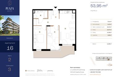 Rzut - Mieszkanie na sprzedaż 3 pokoje o powierzchni 53,95 m² - numer B4M16 w Plaza City