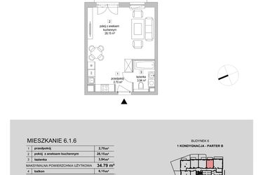 Rzut - Mieszkanie na sprzedaż 1 pokój o powierzchni 34,79 m² - numer 6.1.6 w Osiedle Przyjemne III