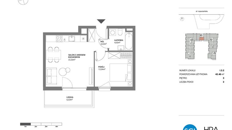 Rzut - Mieszkanie na sprzedaż 2 pokoje o powierzchni 43,01 m² - numer I.3.2 w Łopuszańska 47 - etap 3