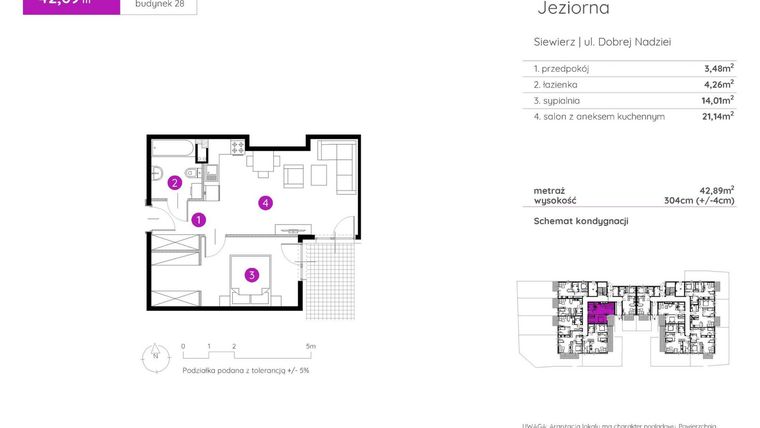 Rzut - Mieszkanie na sprzedaż 2 pokoje o powierzchni 42,89 m² - numer 28.A.0.2 w Murapol Siewierz Jeziorna bud. 27 i 28