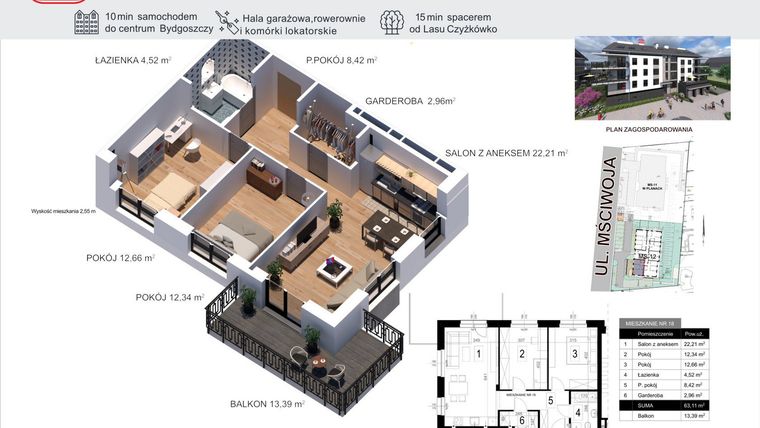Rzut - Mieszkanie na sprzedaż 3 pokoje o powierzchni 63,11 m² - numer 18 w Mściwoja MS-12