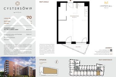 Rzut - Mieszkanie na sprzedaż 1 pokój o powierzchni 36,45 m² - numer 70 w Cystersów 19 - lokale inwestycyjne