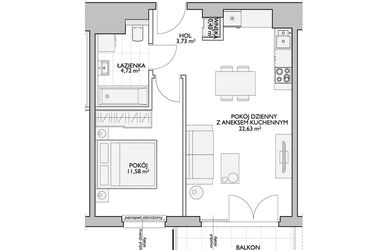 Rzut - Mieszkanie na sprzedaż 2 pokoje o powierzchni 44,01 m² - numer WO/P33/44 w Wiszące Ogrody
