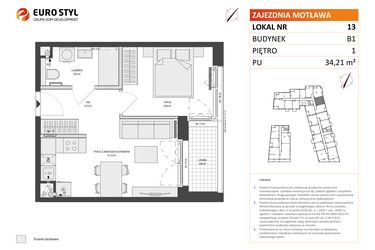 Rzut - Mieszkanie na sprzedaż 2 pokoje o powierzchni 34,21 m² - numer B1.13 w Zajezdnia Motława